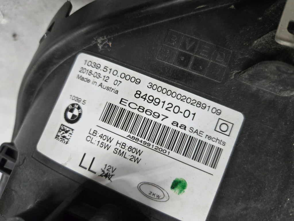 2017-2020 BMW 5-SERIES 530i 540i G30 RIGHT RH LED HEADLIGHT OEM COMPLETE 8499120