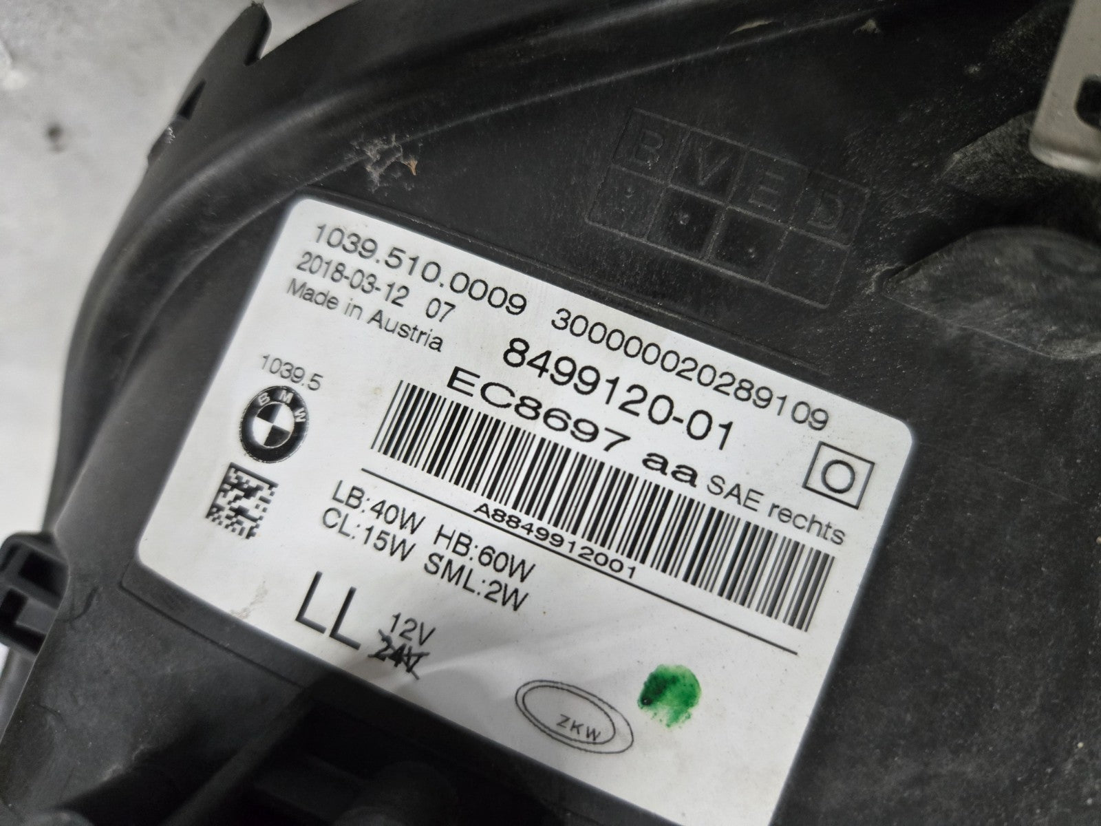 2017-2020 BMW 5-SERIES 530i 540i G30 RIGHT RH LED HEADLIGHT OEM COMPLETE 8499120