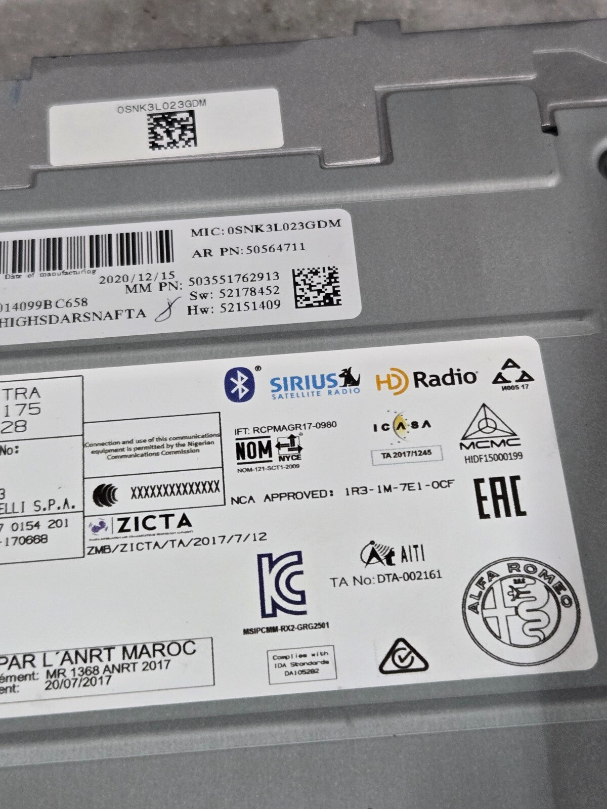 2017-2019 Alfa Romeo Giulia Satellite HD Radio Unit OEM GRG2501 OEM 68584184AA