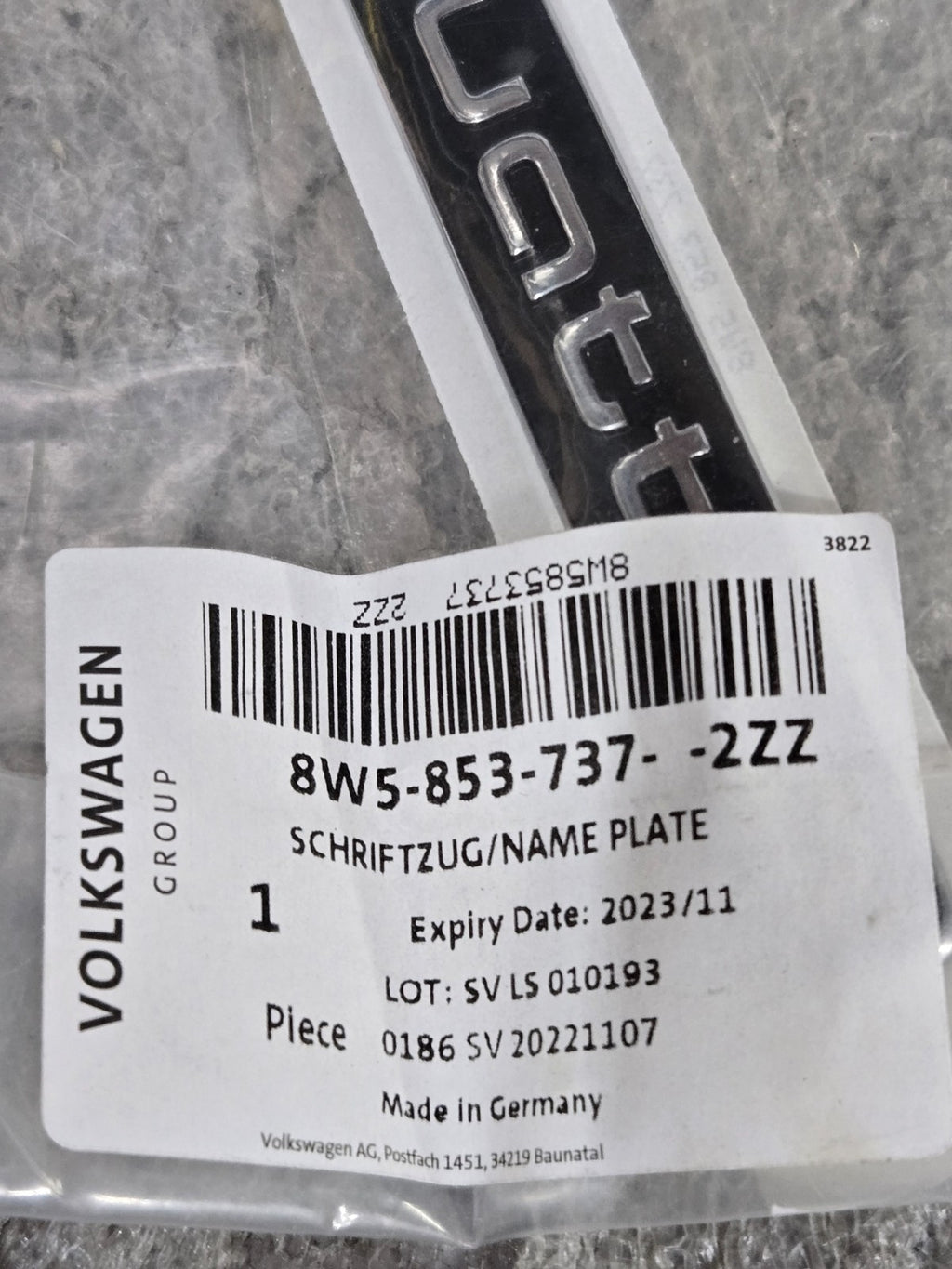 Genuine Audi Quattro Name Plate Emblem 8W5-853-737-2ZZ OEM NEW