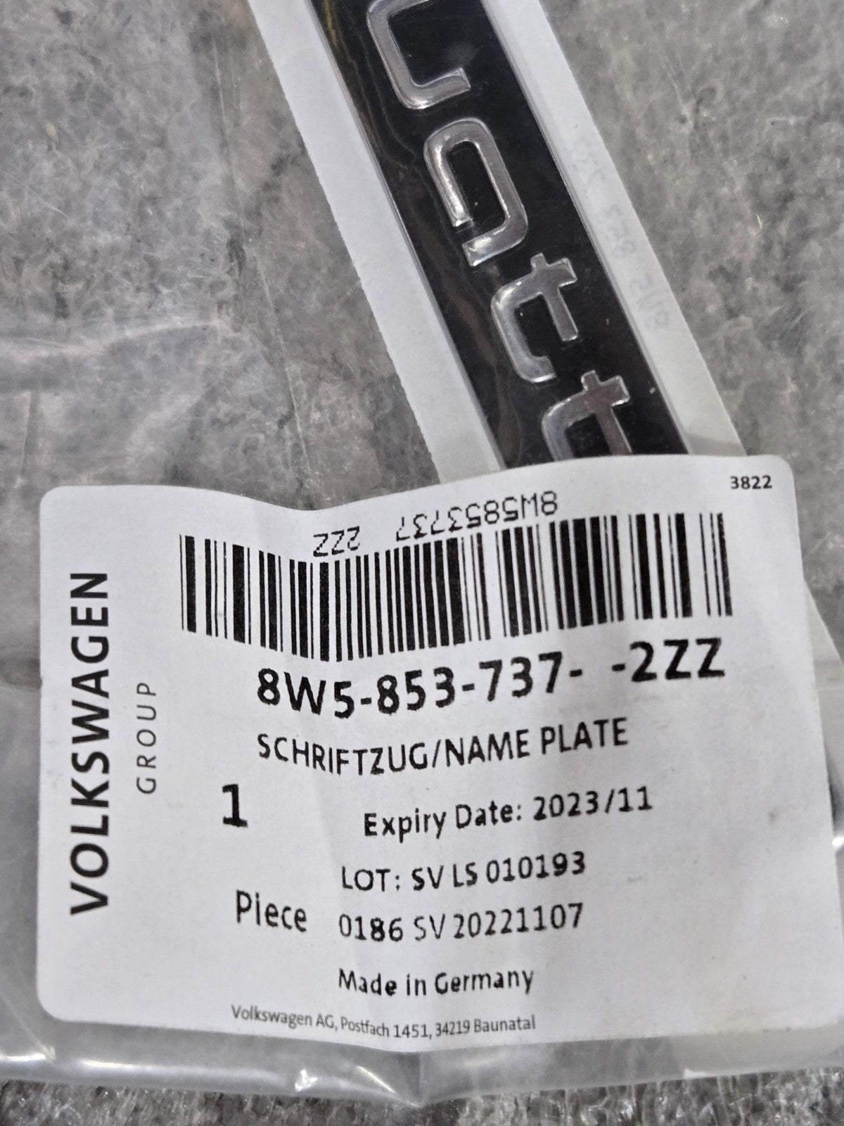 Genuine Audi Quattro Name Plate Emblem 8W5-853-737-2ZZ OEM NEW